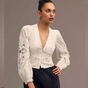 FARM Rio White 100% Cotton Blouse with Lace inserts, Size Large